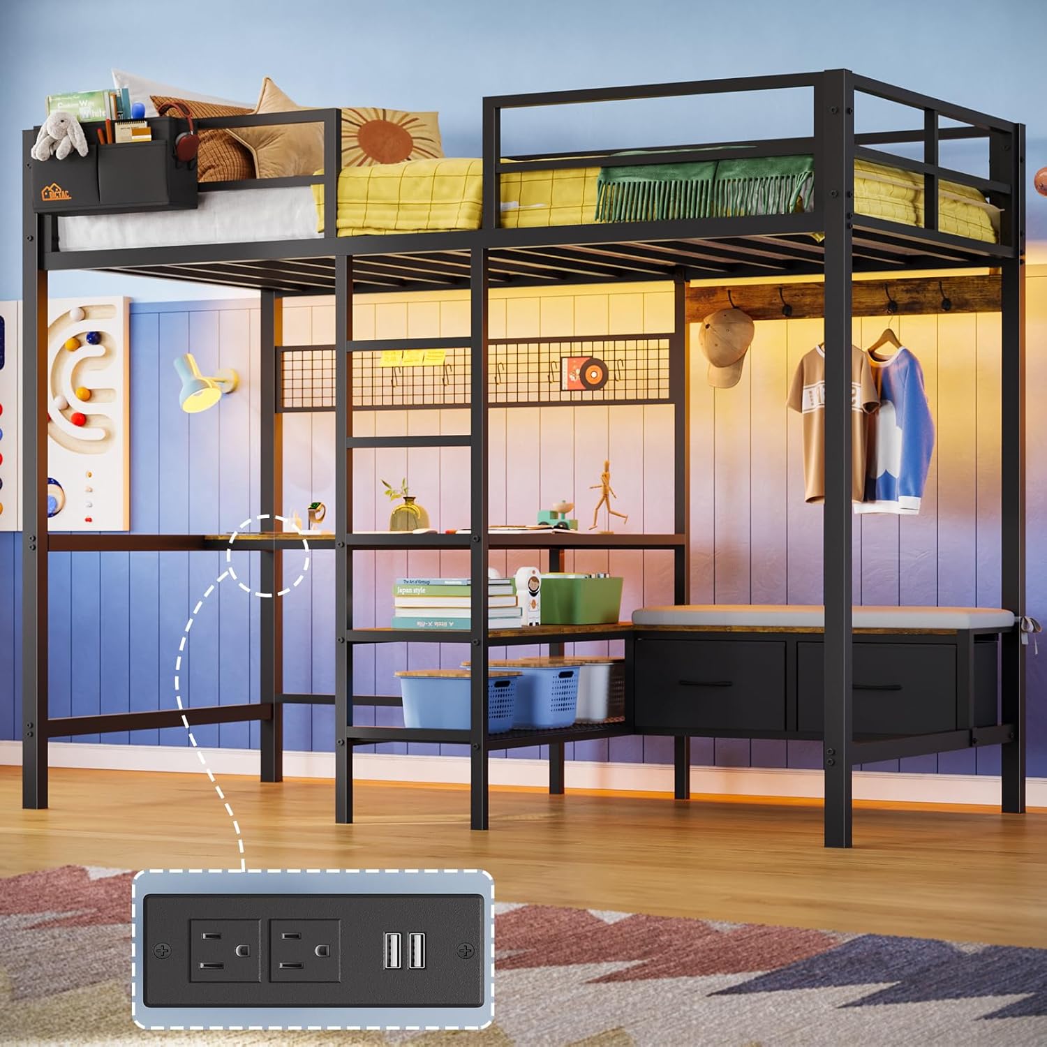 DICTAC Twin Loft Bed with L-Shaped Desk and Charging Station Twin Size Metal Bed Frame with LED Lights,Storage Shelves and Coat Rack with 2 Storage Drawers,Top Bunk with Safety Guard & Stair, Black