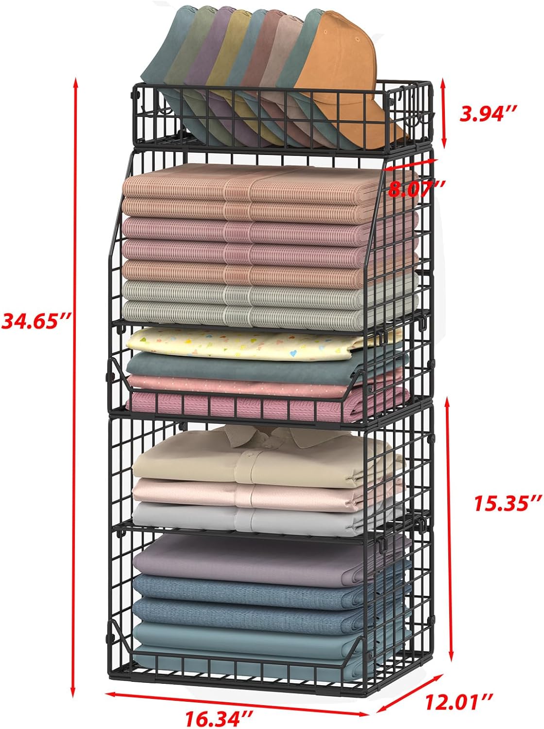 5-Tier Stackable Closet Organizers and Storage with Small Basket for Hats,Closet Storage Basket with Adjustable Dividers and 4 hooks,Clothes Shelf Bins for Closet Organizer System,Black