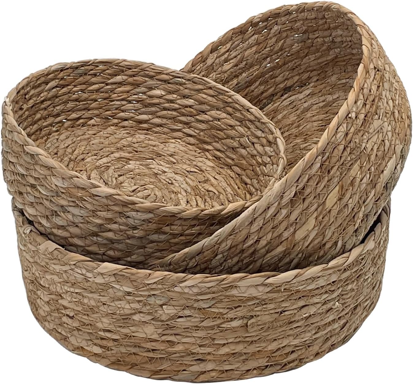 Handwoven Fruit Basket Set of 3, Natural Cattail Wicker Storage Baskets, Bread Fruit Vegetable Organizer for Kitchen Counter, Decorative Serving Bowls for Dining Table, Pantry (Reed grass, L+M+S)