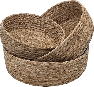Handwoven Fruit Basket Set of 3, Natural Cattail Wicker Storage Baskets, Bread Fruit Vegetable Organizer for Kitchen Counter, Decorative Serving Bowls for Dining Table, Pantry (Reed grass, L+M+S)