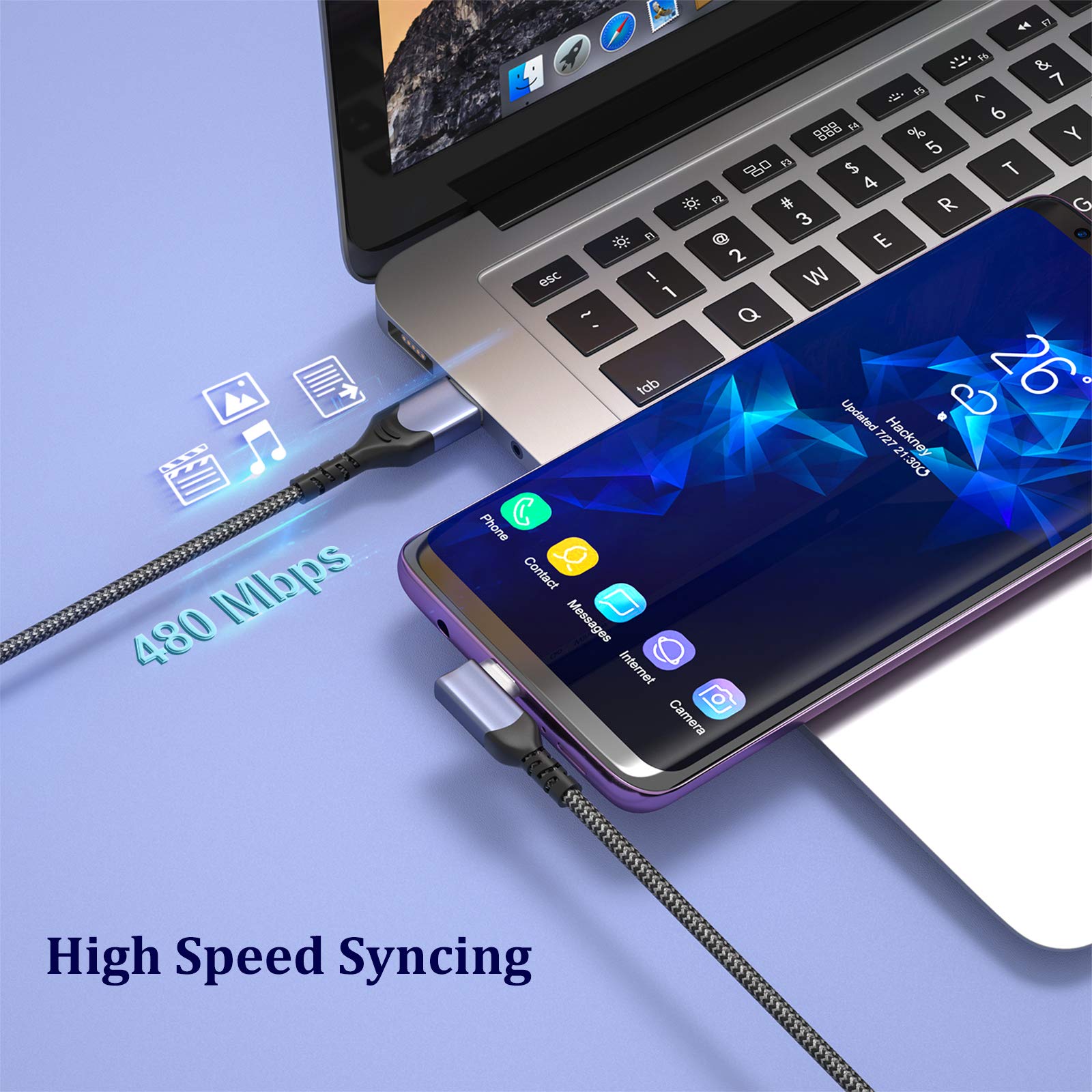 [Paquete de 6] Cable USB tipo C en ángulo recto, [6.6t] 90 grados C cable de carga rápida trenzado para iPhone 16/15, Galaxy S24/S23/A15/A03s/S10/S9/S8/Note, LG, Moto, Pixel, teléfonos Android