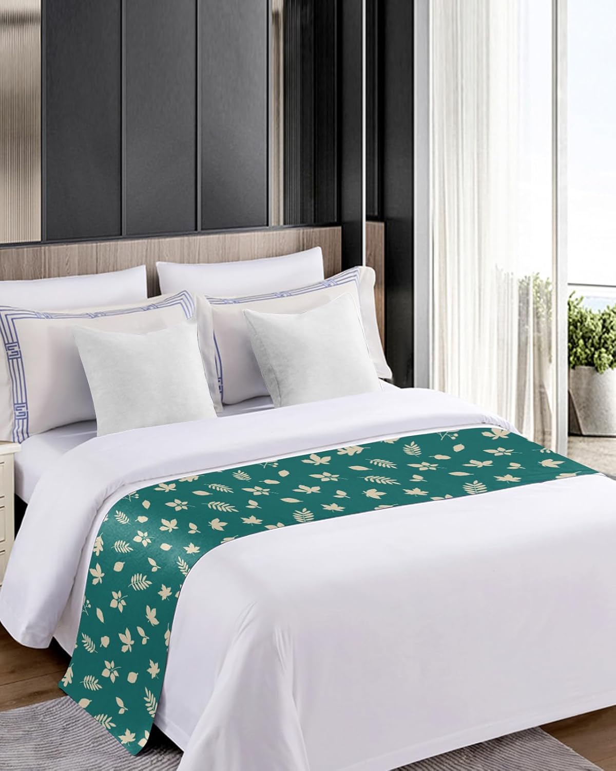 Bed Runner Scarf, Thanksgiving Leaves Green King Bed Bedding Scarves Cover Decorative Bed Scarf for Home Hotel Guesthouse Bedroom Wedding Room Guestrooms 94"x20"