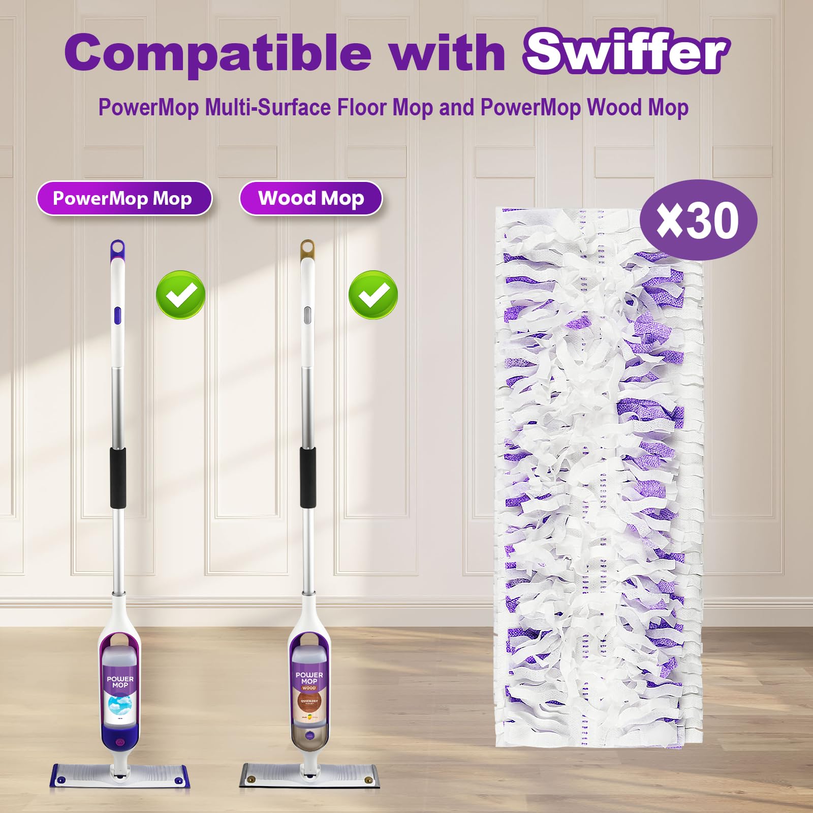 Paquete de 30 almohadillas de repuesto para fregona Swiffer PowerMop multisuperficie, almohadillas de repuesto desechables compatibles con Swiffer Power Mop para almohadillas húmedas Swiffer