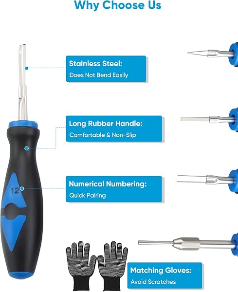 RUIZHI 23-Piece Terminal Removal Tool Kit - for Removing Vehicle Wiring Harness Plugs, Universal Car Connector Remover with Gloves, Suitable for Round and Flat Terminals - 5