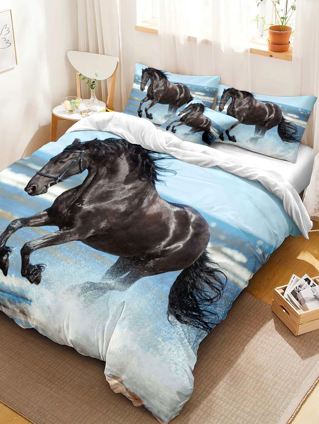 Bettwäsche 155x220 cm Schwarzes Pferd, Bettbezug 3teilig Weiche Allergiker Microfaser Bettwäsche-Sets, Deckenbezug mit Reißverschluss und 2 Kissenbezüge 80x80cm