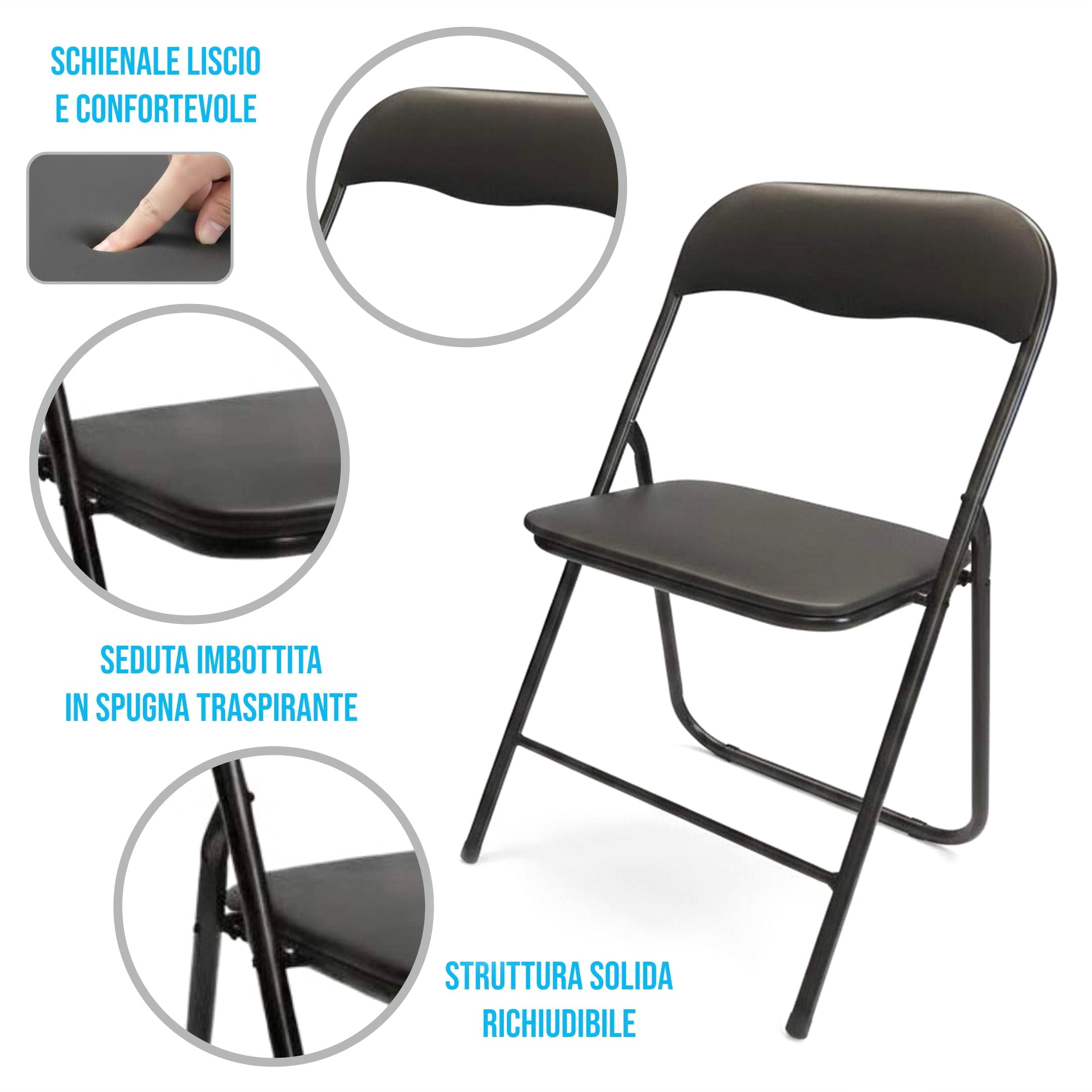 Meridiana Set 6 sedie Pieghevoli in Metallo con Seduta in Ecopelle, sedia pieghevole, salvaspazio, per Casa, Ospiti, ufficio, sedie pieghevoli da interno e Campeggio