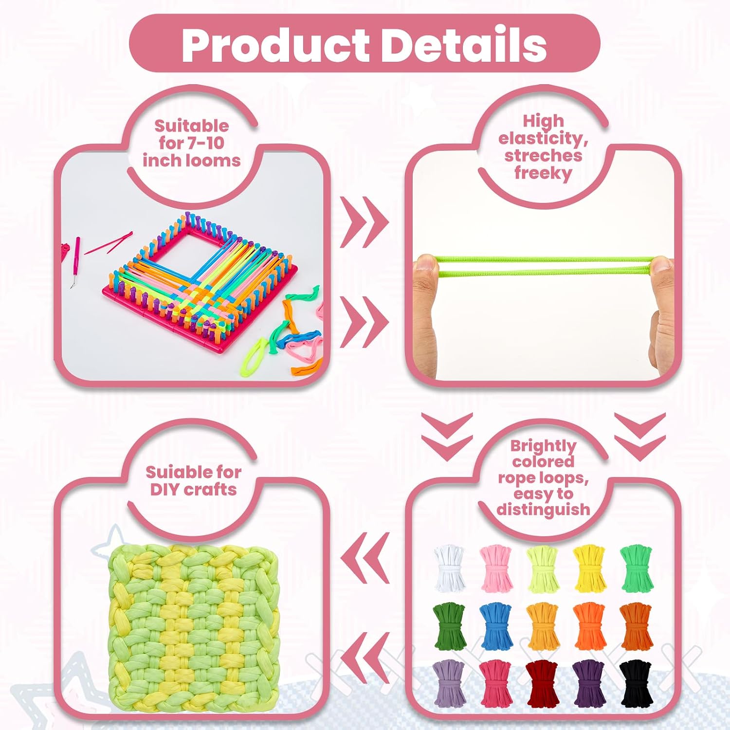 1500 Pcs Weaving Loom Refill Loops with Beads, 15 Colors Weaving Loom Bands for 7-10 Inch Potholder Loops Elastic Pot Holder Loom Refills DIY Knitting Craft Projects for Adults Teens