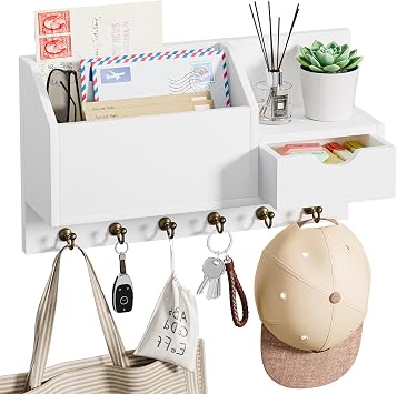 Key Rack, Wall Mount with 6 Hooks and Storage Drawer, Wooden Key Holder, Wall Key Hook, Wall Shelf for Key Fob Organiser, for Entrance, Living Room, Hallway, Office White