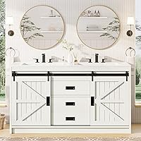AMERLIFE 61" Farmhouse Double Sink Bathroom Vanity with Sliding Barn Doors, Drawers & Acrylic Tops - Rustic White