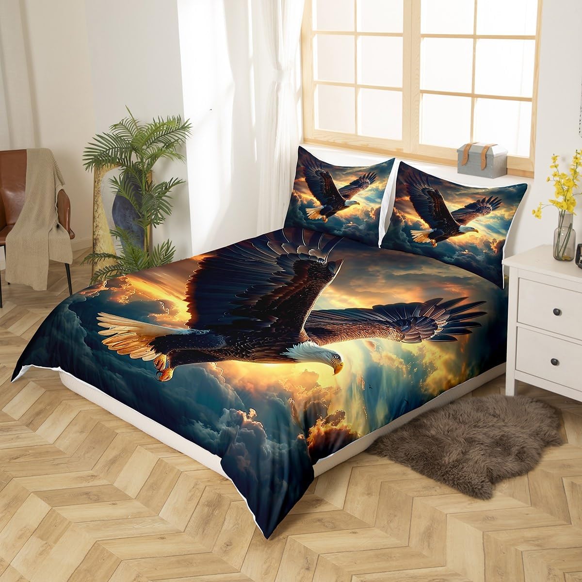 Manfei Eagle Duvet Cover Queen for Kids Boys, Wild Flying Animal Bedding Set with Zipper Closure Quilt Cover(No Filler),Nature Sunshine Clouds Sky Print Bedspread Cover 3 Pcs