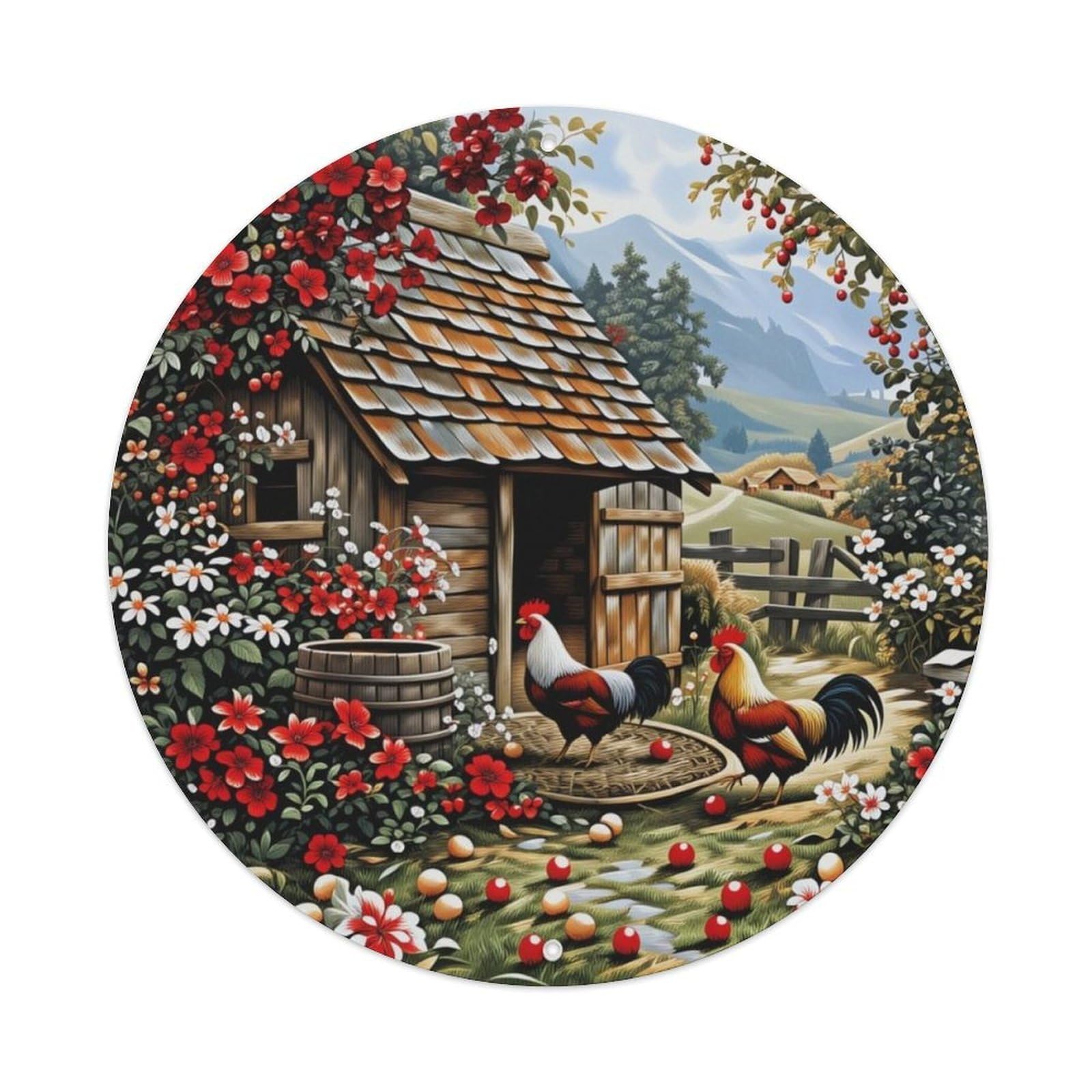 Country Cabin Rooster Floral Mountain Round Decor Sign Vintage Aluminium Metal Sign, Retro Wall Decor for Home, Bar, Garage & Farmhouse 20x20cm