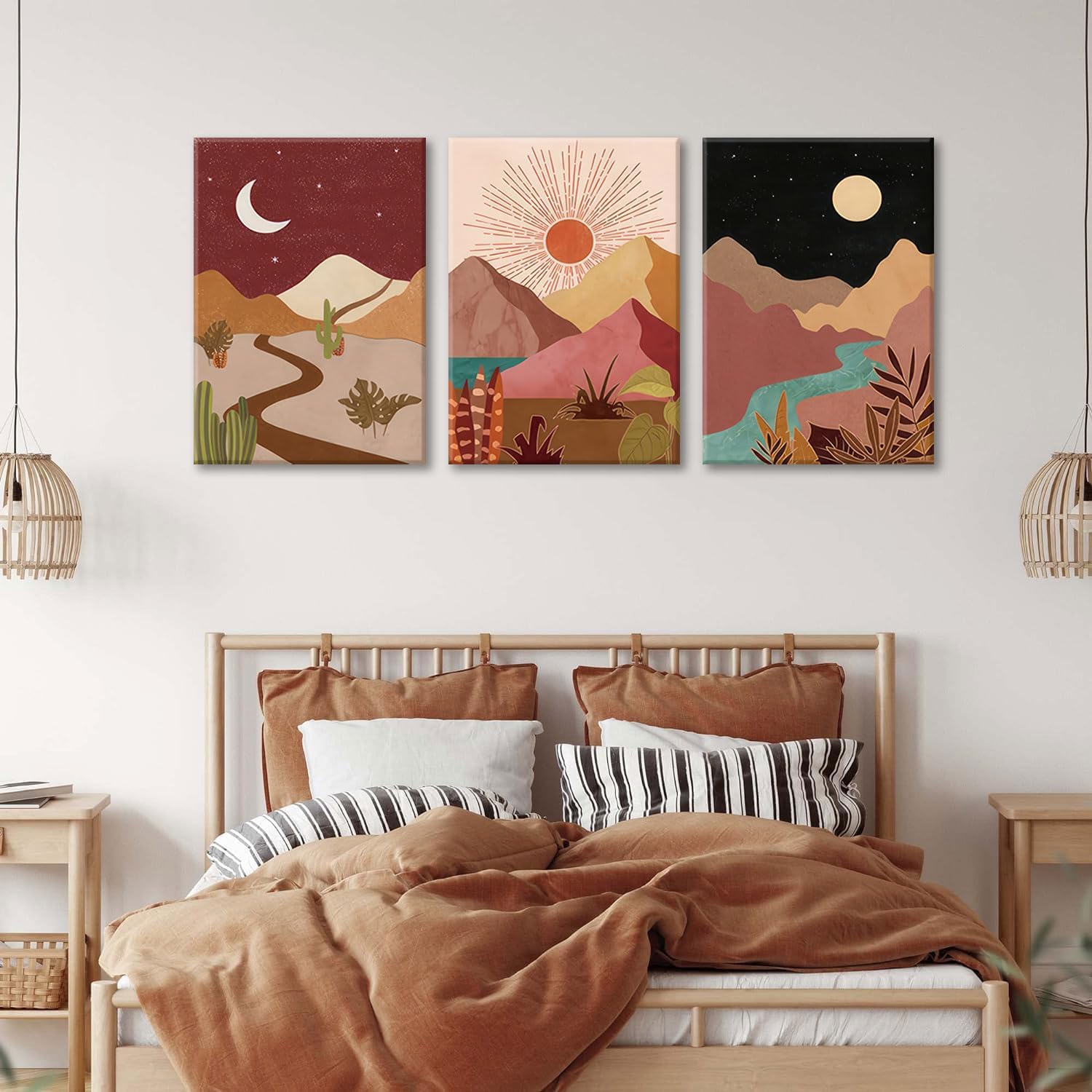 okudolit Mountain Framed Canvas Wall Art Set of 3 Mid Century Nature Landscapes Painting Colorful Sun Moon Desert Boho Modern Minimalist Wall Decor for Living Room Bedroom Office-12x16in