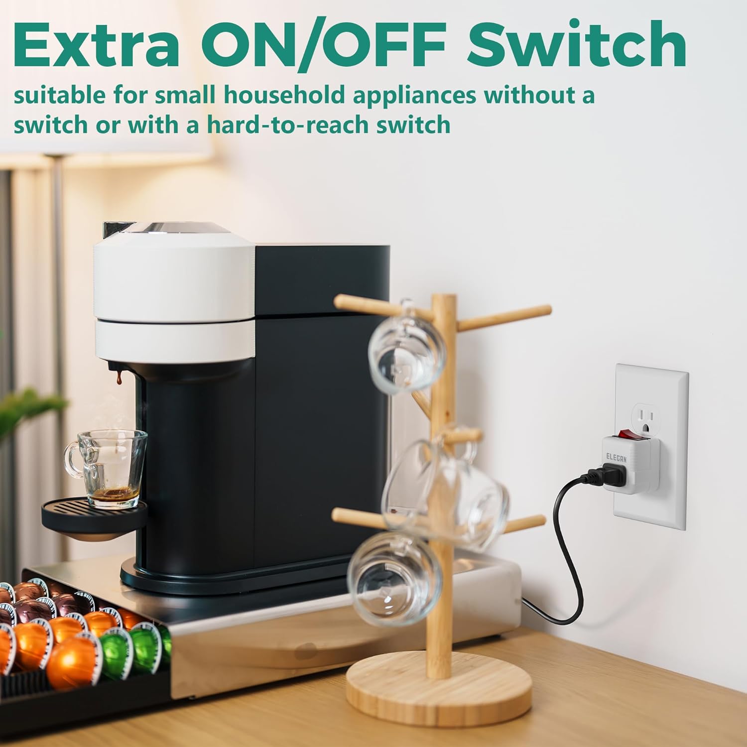 Elecan 2 Prong Outlet Extender with On/Off Switch (5 Pack), Power Switch Outlet Adapter Wall Tap, Energy Efficient Adapter for Small Appliances, Space-Saving Design, Travel Essentials,ETL Listed,White