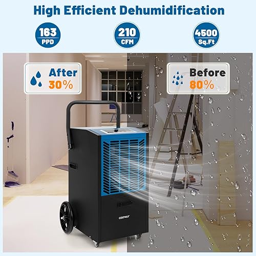 Miniatura 2 de COSTWAY Deshumidificador comercial de 163 pintas, deshumidificador de espacio de arrastre de 4500 pies cuadrados con bomba y manguera de drenaje,