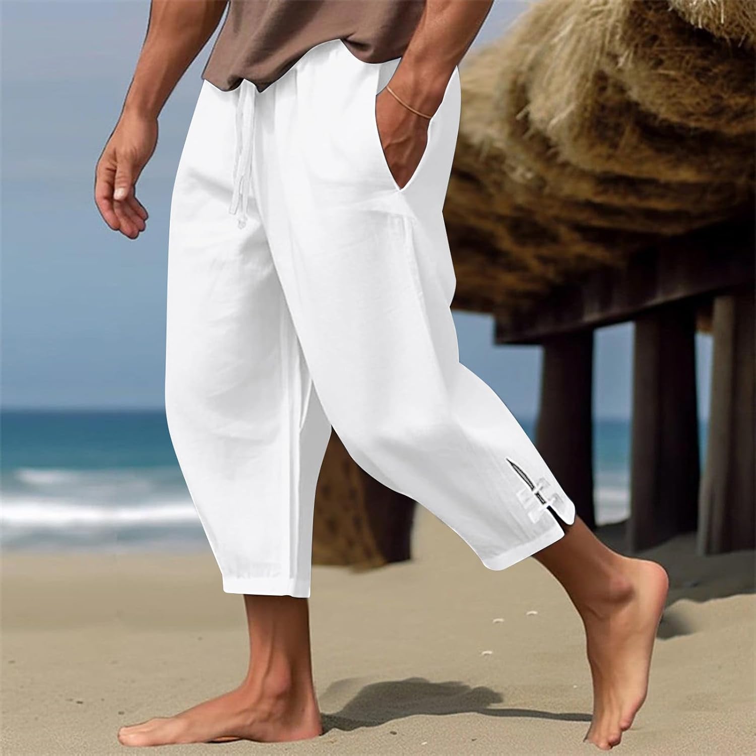 Linen Pants Men Plus Size Lightweight Cropped Elastic Waist Lounge Pants Summer Boho Beach Yoga Pants with Pockets