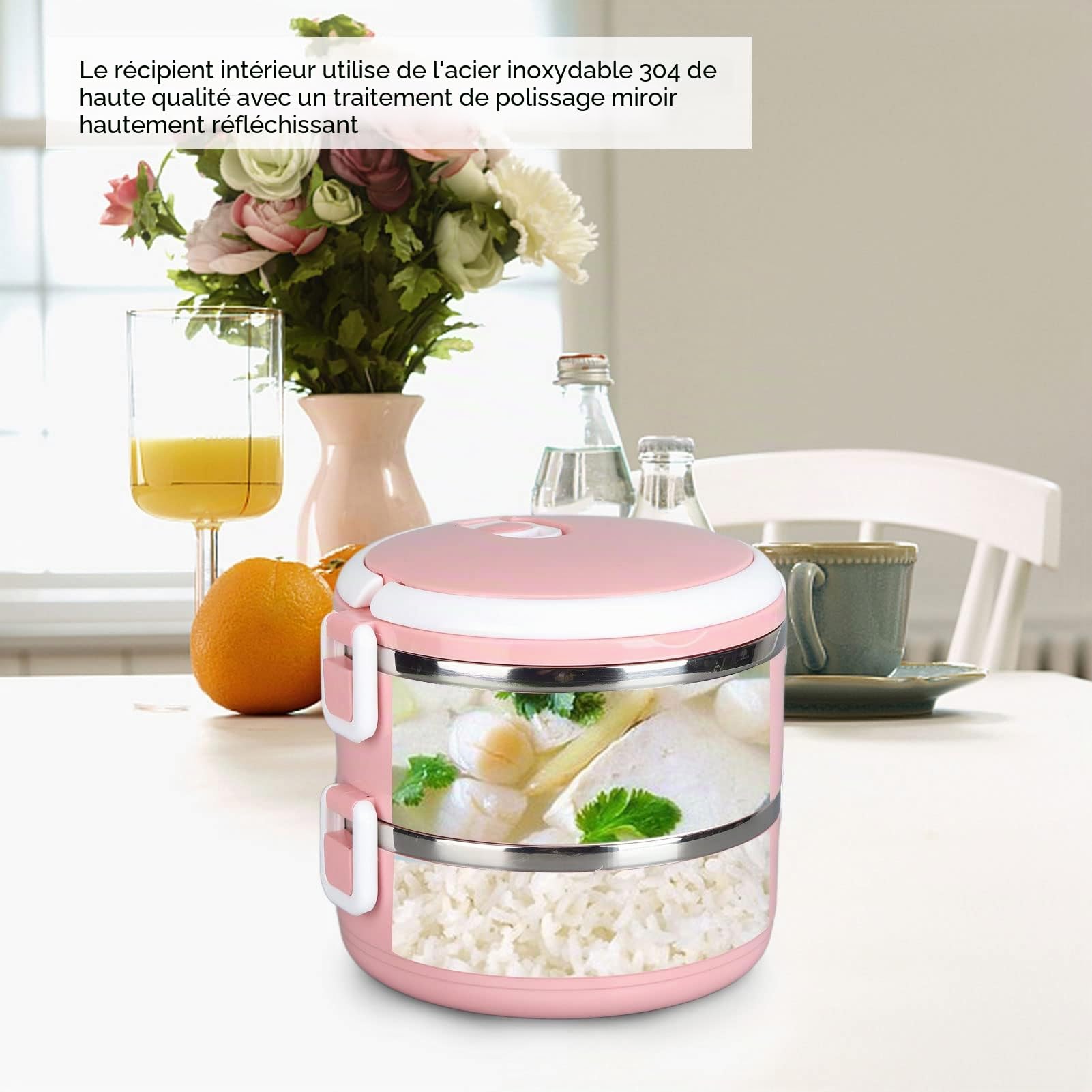 Boîte à lunch isotherme,boîte à bento en acier inoxydable 304. boîte à lunch isotherme empilable, contenants à lunch ronds, contenants pour aliments chauds, boîte à aliments thermique(2 Layer-Ros