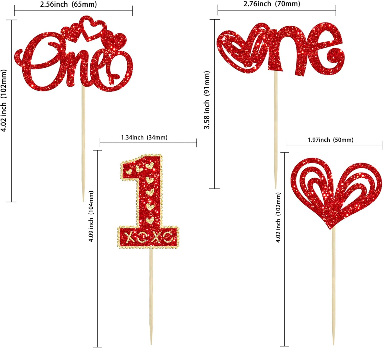 Gyufise 24Pcs Valentine's Day One Cupcake Toppers Glitter Sweet Heart 1st Birthday Cupcake Picks Wedding Anniversary Valentine's Day Baby Shower First Birthday Party Cake Decorations Supplies Red - Image 2
