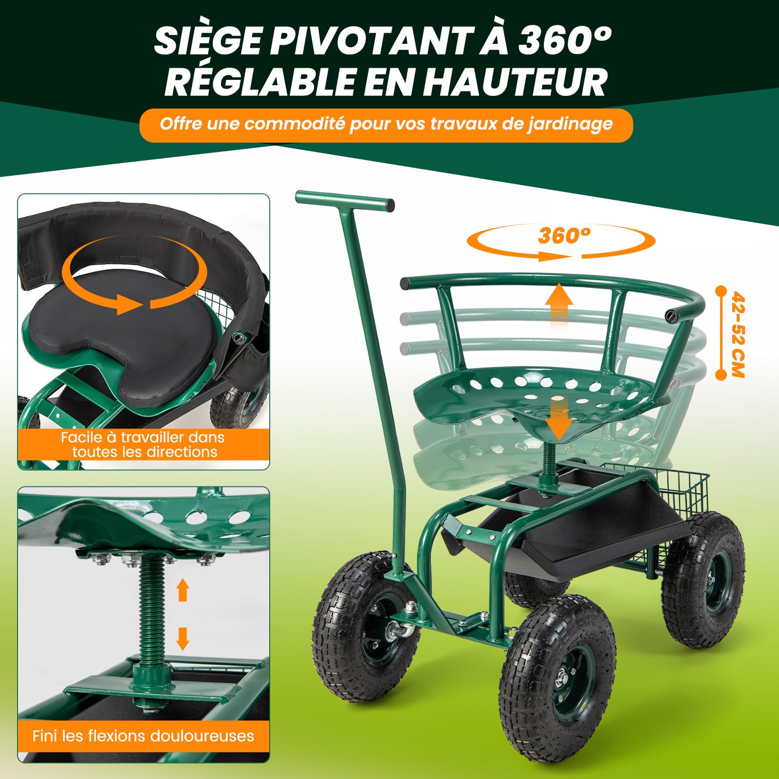RELAX4LIFE Siège de Jardinage Roulant, Chariot de Jardin avec Siège Pivotant et Hauteur Réglable, 2 Poignées, Coussin de Siège Amovible, Plateau à Outils, Siège de Travail pour Jardiner