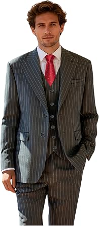 Mens Classic Slim Fit Grey Pinstripe Tuxedo Suits with Peaked Lapel