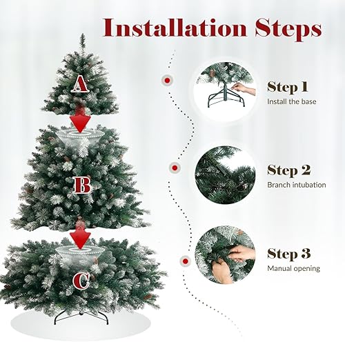 Miniatura 5 de OasisCraft Árbol de Navidad de abeto nevado preiluminado, árbol de Navidad artificial flocado, lleno de luces, decoración de cono de pino (4.5 pies)