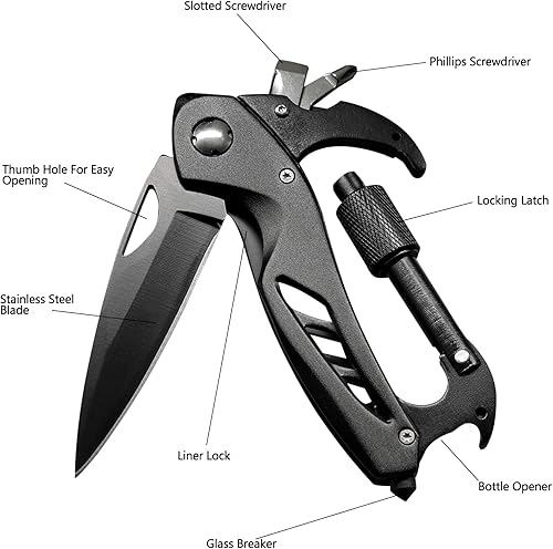 Miniatura 6 de KITORY Multitool Carabiner Pocket Knife, EDC Carabiner Knife with Keychain Clip Bottle Opener, Window Breaker Screwdriver for Outdoor Camping Hiking