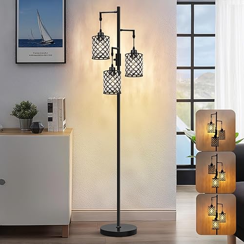 GyroVu Crystal Floor Lamps for Living Room, 3-Light Black Floor