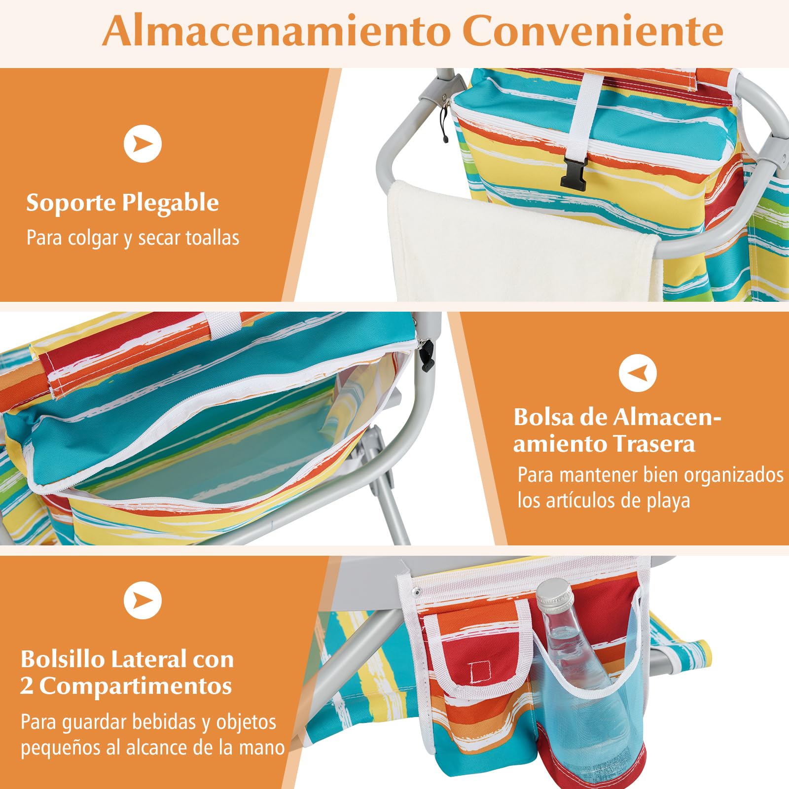 GIANTEX Silla de Playa Plegable con Bolsa de Almacenamiento, Bolsillos Laterales, Reposacabezas y Soporte para Toallas, Respaldo Ajustable 5 Niveles (2, Rayas Coloridas, 65 x 66 x 78 cm)