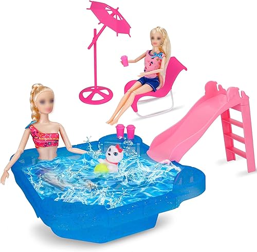 BETTINA Juego de piscina - Glam Pool con tobogán, accesorios de piscina para muñecas, incluye silla de playa, sombrilla de playa, perro, juego de