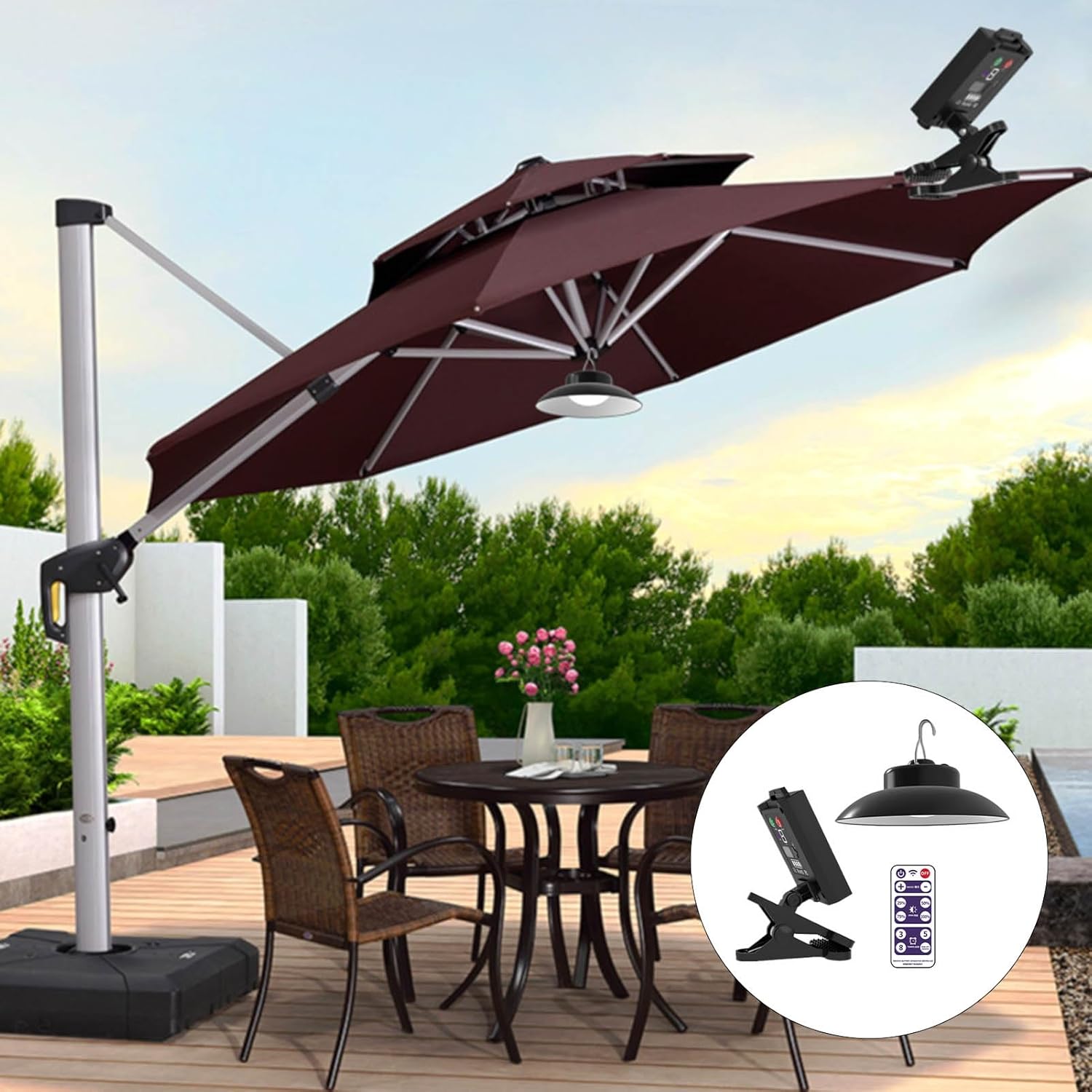 Solar Umbrella Lights Outdoor, Waterproof Solar Powered Patio Umbrella LED Light, Patio Umbrella Lights with 3 Brightness Modes, 3 Colors Warm Neutral Cold (Black)