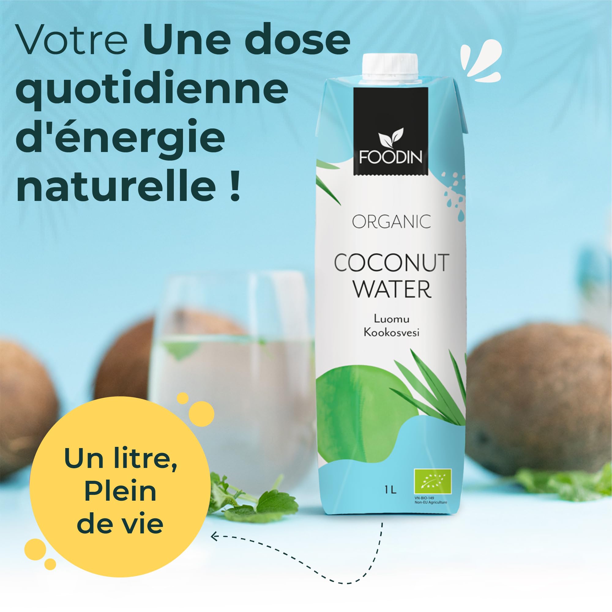 Foodin Eau de coco Bio, Naturellement hydratante avec des électrolytes, Sans gras, Sans gluten, Sans OGM, Faible en calories - Désaltérant apaisant - Paquet de 6 (6x1000ml)