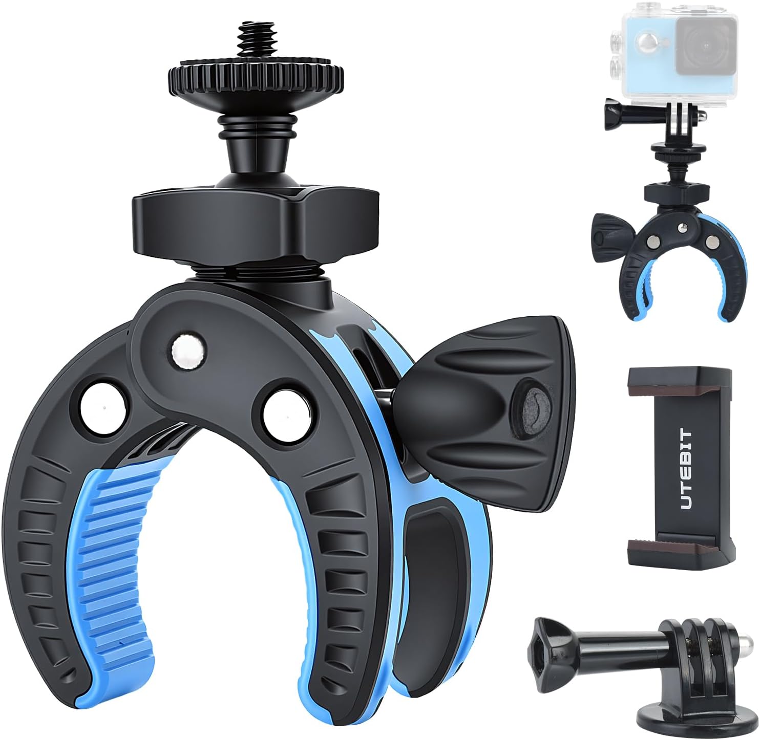 UTEBIT Camera Mount Clamp, 360° Ballhead with 1/4" Thread Holes, Black | Umbrella Clamp Motorcycle Camera Pole Mount Desk Holder, Super Clamp with Phone Tripod Mount for Gopro/DSLR/Stabilizer