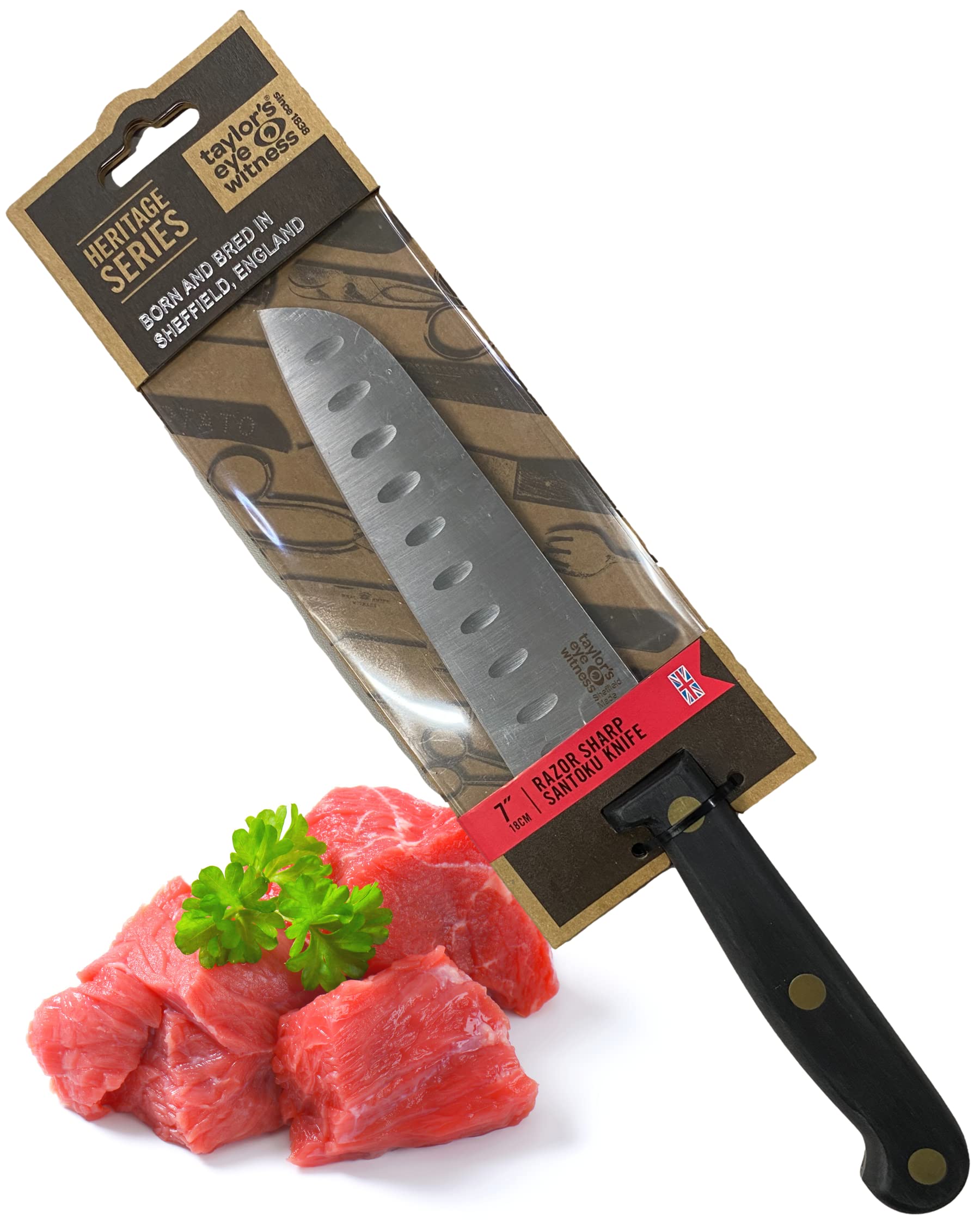 Heritage Range 17cm Santoku Knife - Taylors Eye Witness, High Carbon Stainless Steel Razor Sharp, Full Tang Blade. Sturdy and Hard Wearing, Ergonomic, Hand Finished, Triple Brass Rivet Handle.