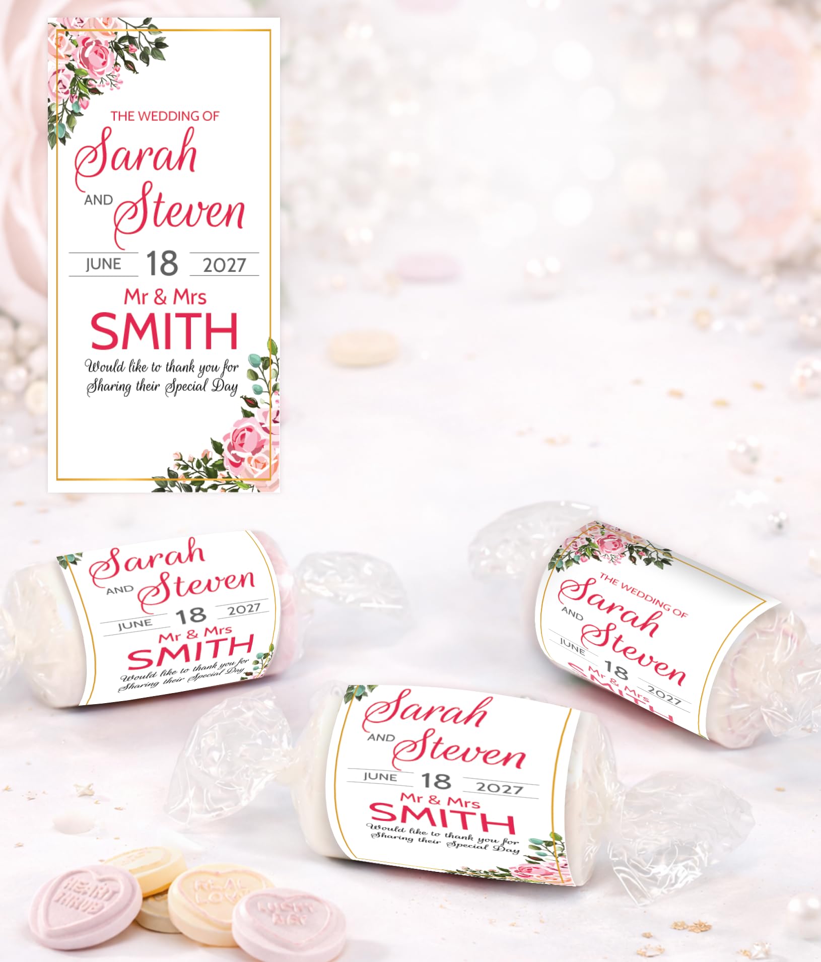 Personalised Wedding Favours Love Hearts Sweets, Just Married Design, Custom Wrapped Mini Sweets, Mr & Mrs Wedding Favours UK (Blush Rose Gold)