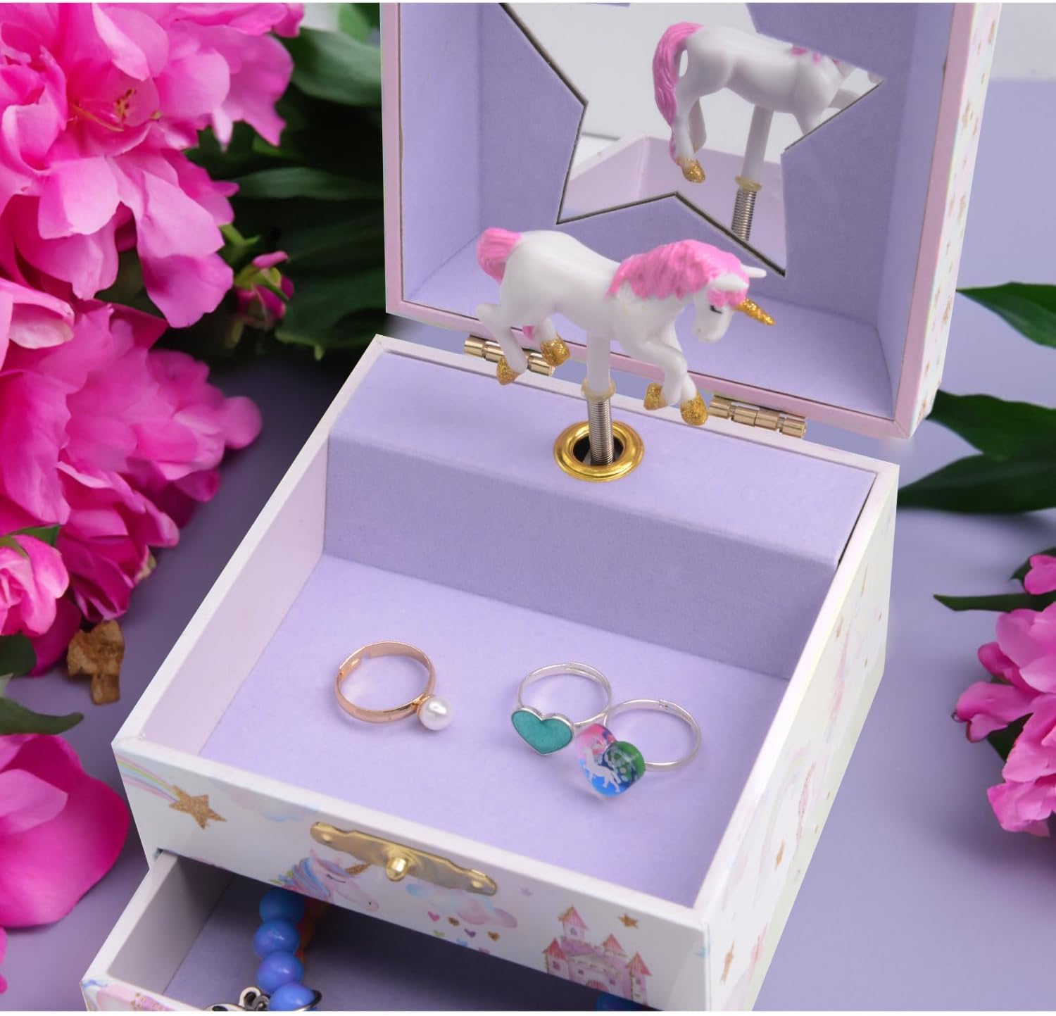 Jewelkeeper Jewelry Box for Girls with 1 Drawer - Unicorn Musical Jewelry Box, Beautiful Dreamer Tune, Spinning Unicorn Doll, Little Girl Music Box, Gifts for 5 Year Old Girls, Engineered Wood image 2