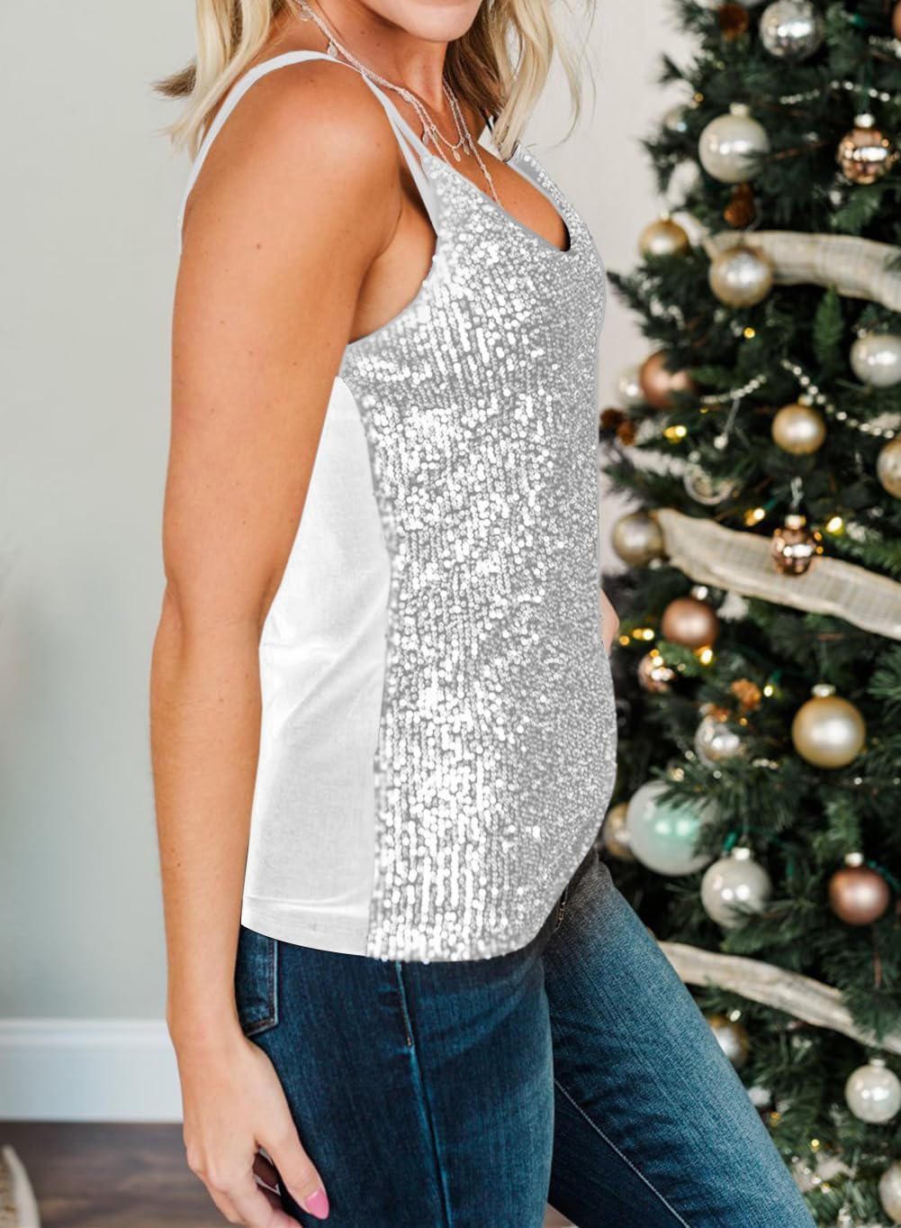 lime flare Women Sexy Sparkle Shimmer Cami Tank Tops Las Vegas Disco Sequin Camisole - Image 3