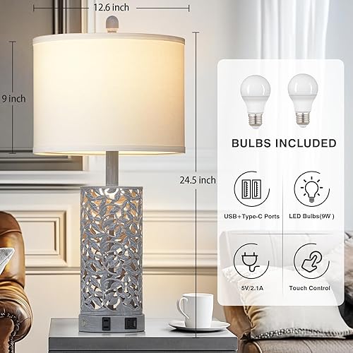 Miniatura 9 de Morden - Juego de 2 lámparas de mesa vintage para sala de estar, con 2 puertos USB y toma de CA, lámpara de mesita de noche con control táctil con