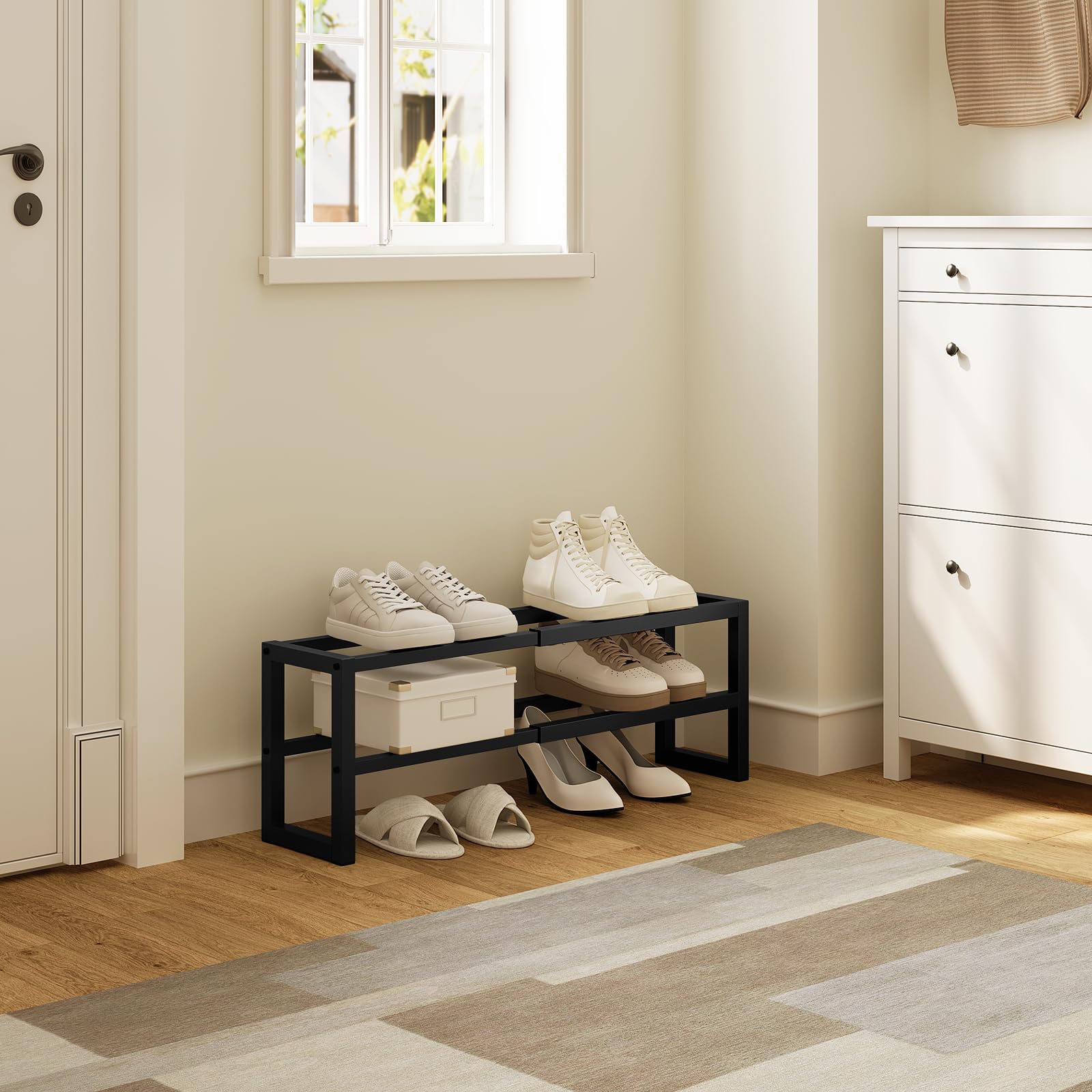 WOLTU Portascarpe Estensibile a 2 Livelli, Scaffale in Metallo, Scarpiera Salvaspazio Slim, Organizzatore di Stoccaggio per Scarpe, Mobiletto Ingresso, Corridoio, Camera da letto, Nero