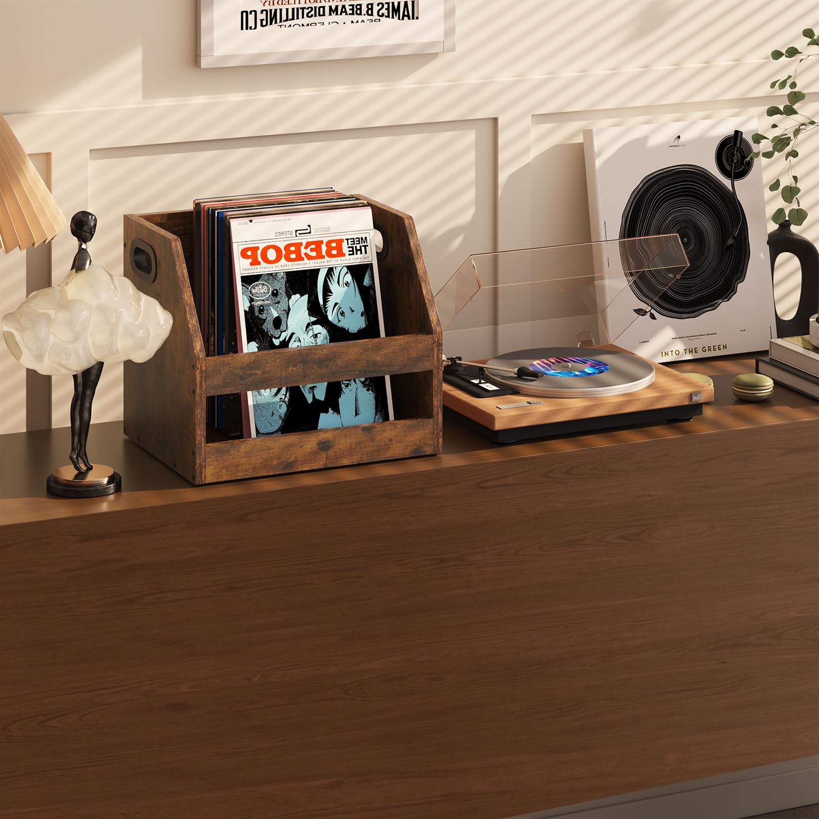 YMYNY Supporto di Immagazzinaggio di Dischi in Legno, Scatola di Album in Vinile Con Maniglia, Scaffale del Desktop Organizer Record per Cartelle, Fotografici, Marrone Rustico, 38×29×29CM, HCD001H