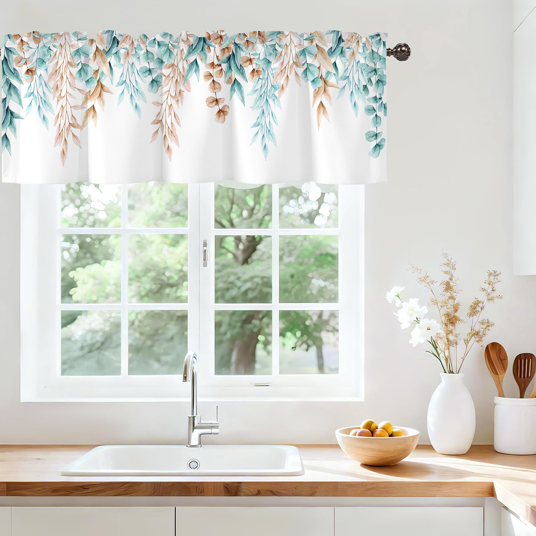 Watercolor Eucalyptus Leaves Valances for Windows, Rod Pocket 54x18 in