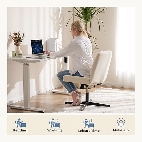 Miniatura 7 de DUMOS Silla cruzada sin ruedas, patas cruzadas anchas, silla de escritorio de oficina, cómoda silla de tela sin brazos ajustable giratoria para