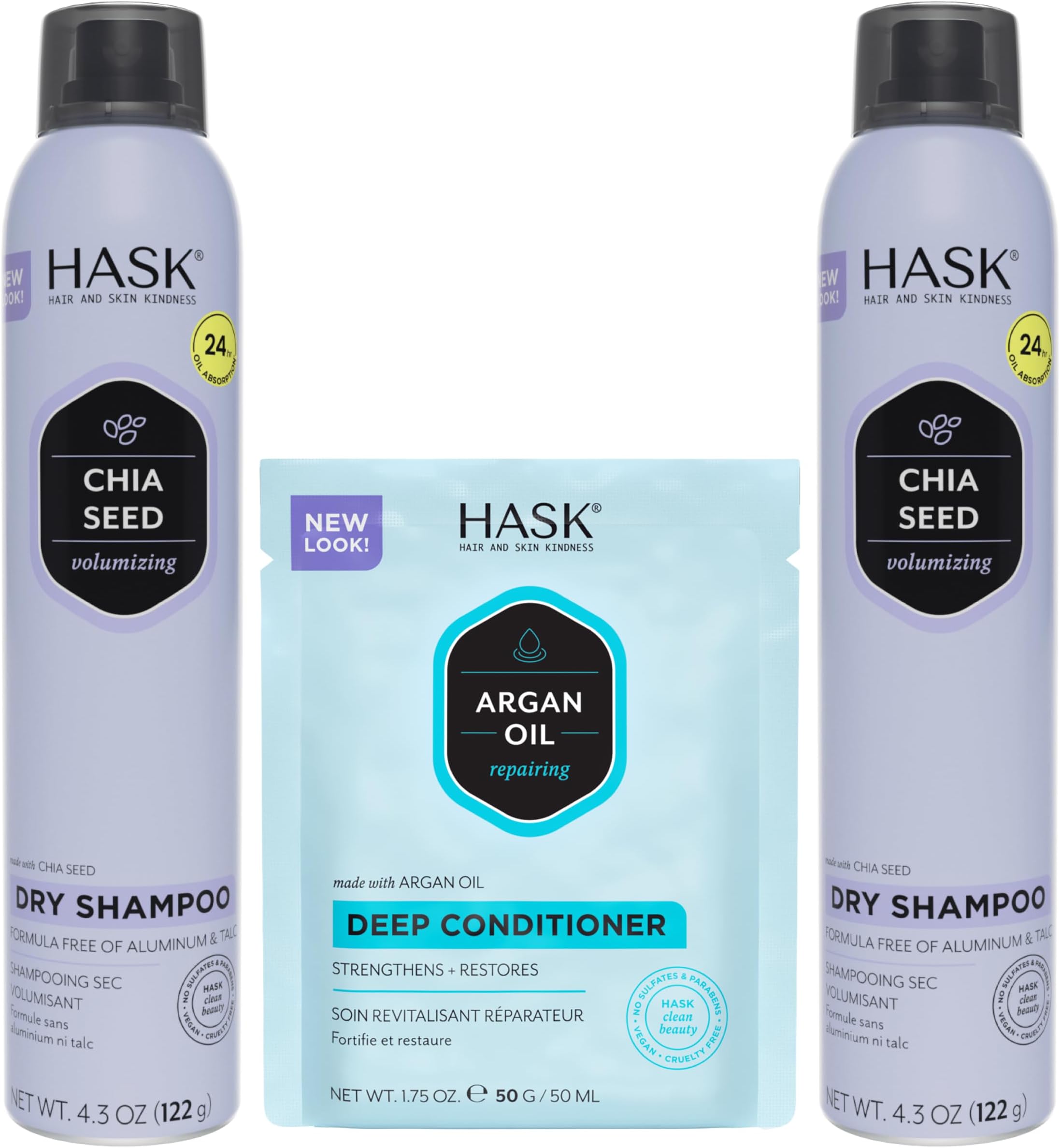 Chia Seed Volumizing Dry Shampoo Duo (4.3oz-Qty 2) & Argan Oil Repairing Deep Conditioner Packette, Aluminum-Free, Sulfate-Free, Paraben-Free, Color Safe, for All Hair Types