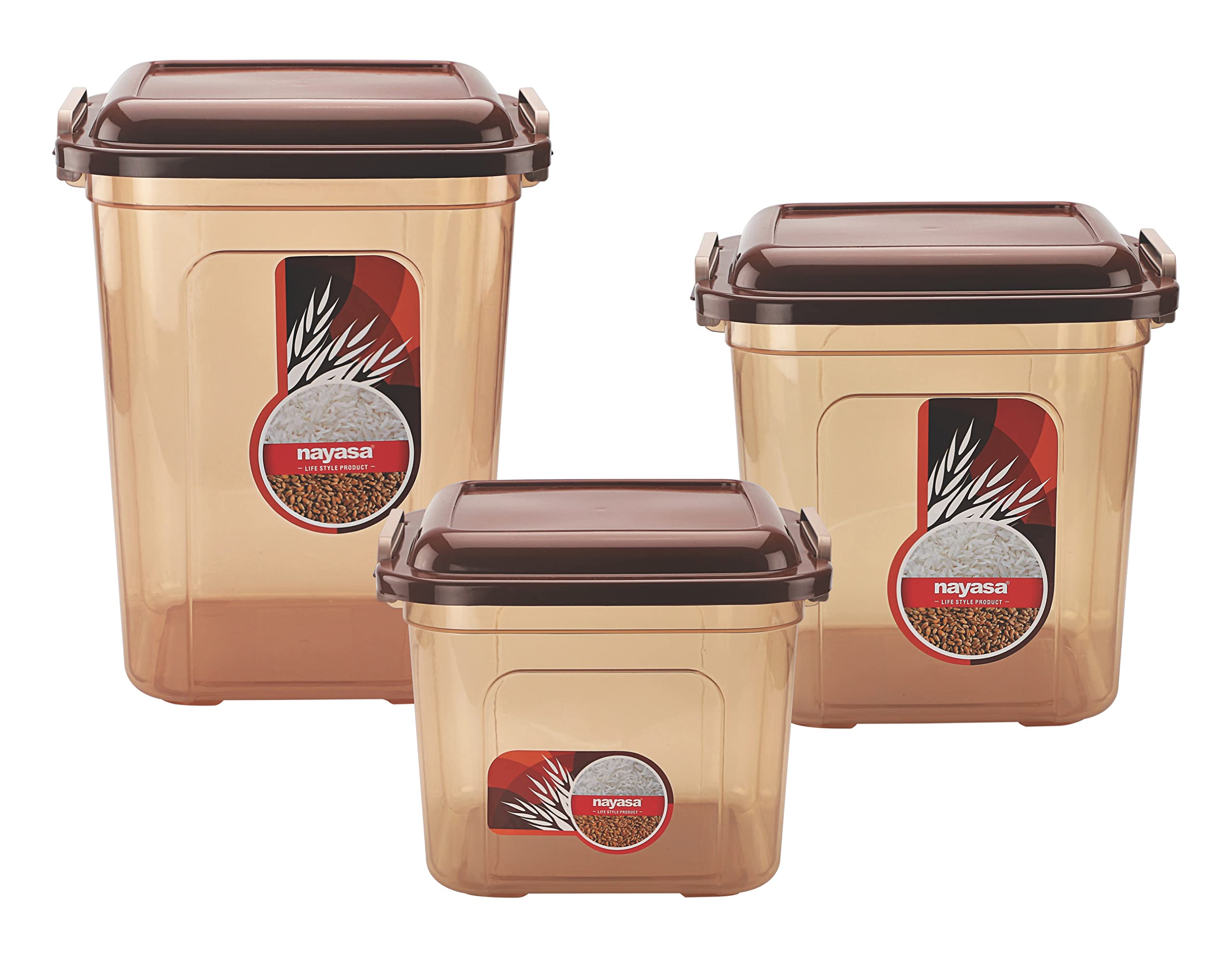 Nayasa Store In (14L + 18L + 22L) BPA Free Food Grade Airtight Kitchen Storage Stackable Containers- Set Of 3, Brown