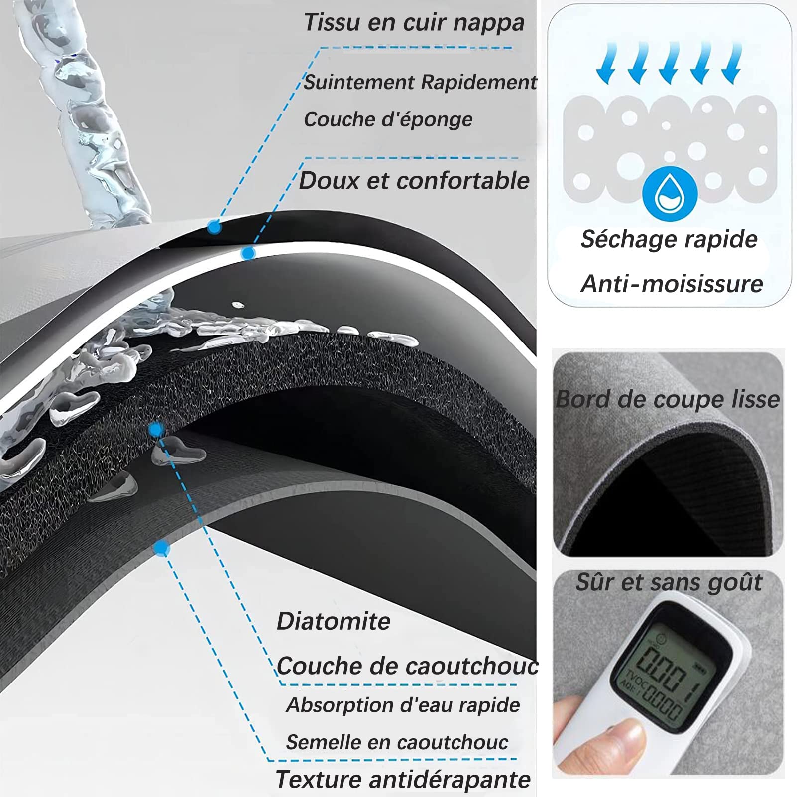Tapis de Bain Antidérapant Diatomite Super Absorbant Microfibre Doux Séchage Rapide