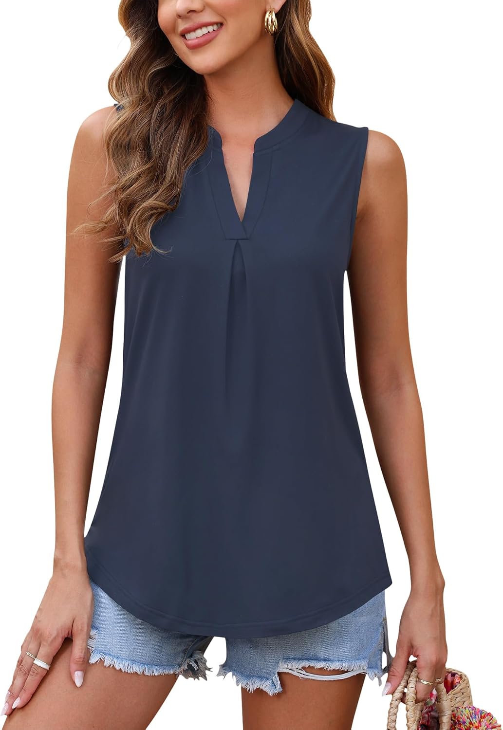 WNEEDU Womens Summer Tank Tops 2026 Trendy Causal Ladies Sleeveless V Neck Pleated Dressy Blouse Shirts