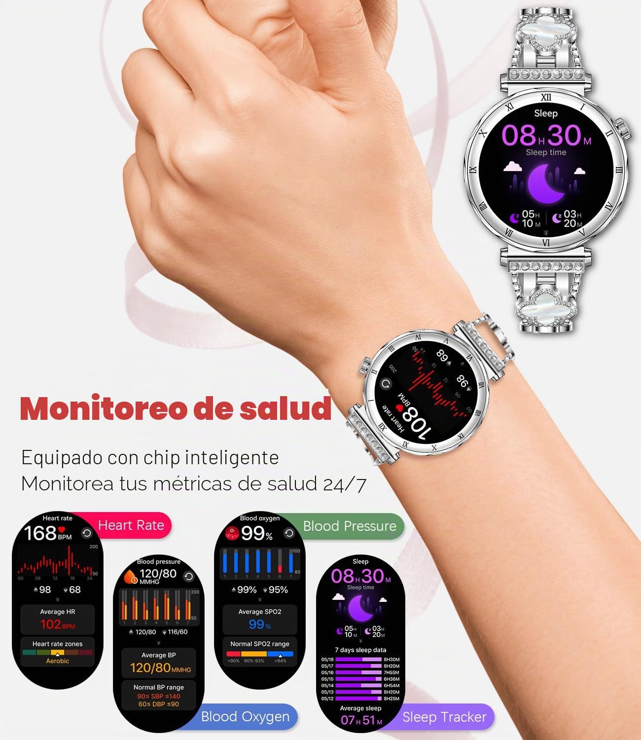 AMOLED Reloj inteligente para mujer, pantalla HD de 1.2", monitor de ritmo cardíaco/sueño, llamada Bluetooth, impermeable IP67, compatible con iOS y Android (plata elegante RT-i222)