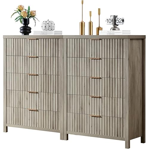 5 Drawers Dresser for Bedroom, 44 Inches Tall Modern Bedroom Dressers, Chest of Drawers for Bedroom, Fluted Dresser for Closet Organizer for Living Room, Hallway, Entryway (Grey Oak, 2 Pieces)