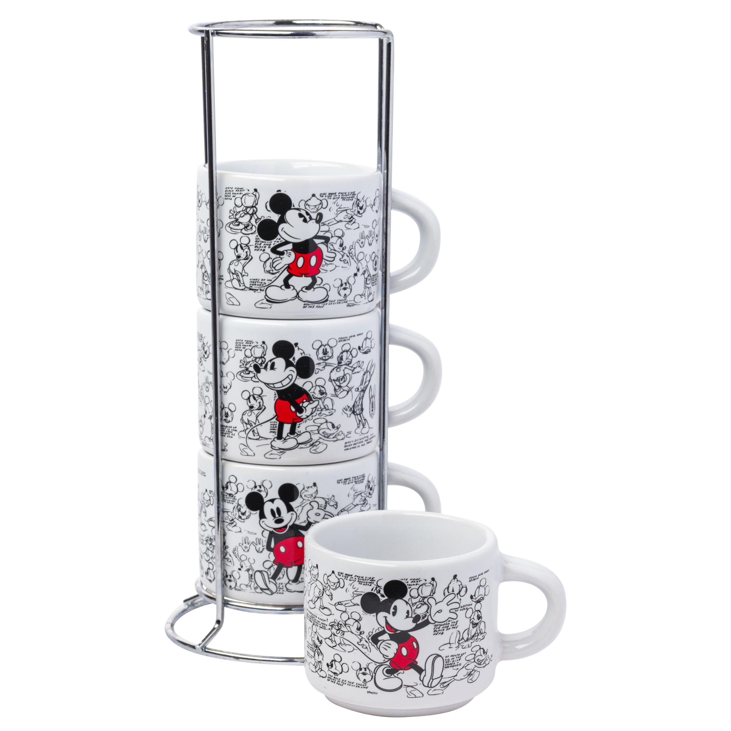 Silver Buffalo Disney Mickey Mouse Vintage Sketches Art 4-teiliges stapelbares Keramik-Espresso-Tassen-Set, 85 ml