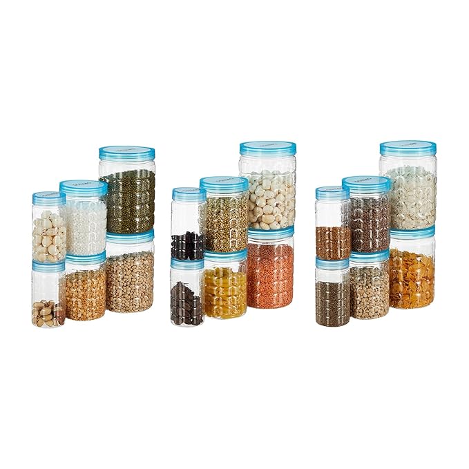 Solimo Plastic Checkered Jar Container, Set Of 18 (6 Pcs X 250 Ml Each, 6 Pcs X 500 Ml Each, 6 Pcs X 1000 Ml Each), Blue | Kitchen Organiser | Bpa Free | Stackable