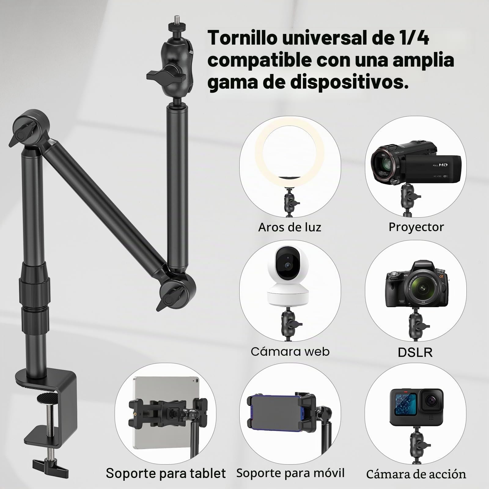 Soporte de cámara de escritorio superior, soporte de montaje para cámara web de 31 pulgadas con tornillos de 1/4 pulgadas, abrazadera C ajustable de 360° para cámaras DSLR, luz de anillo,