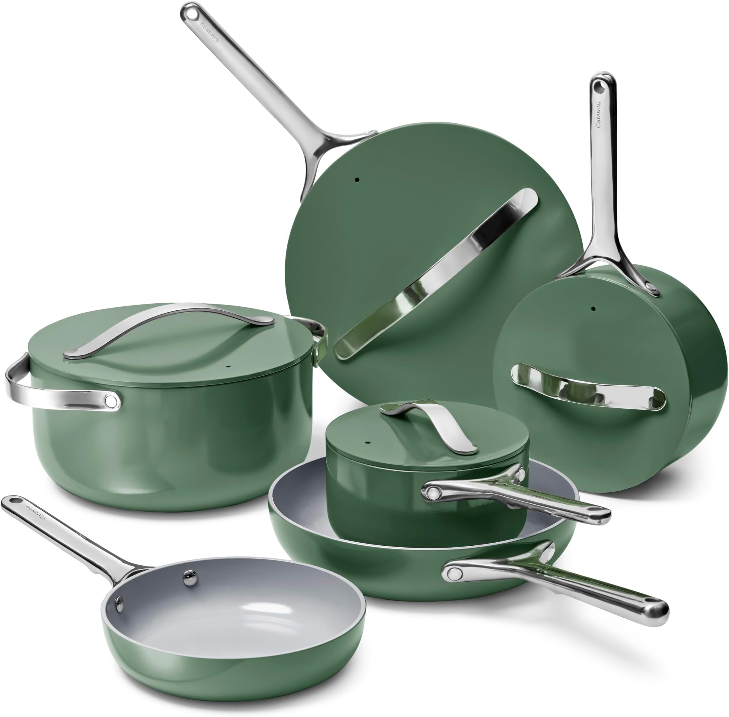 Deluxe Non-stick Ceramic Cookware Set (16 Piece) Pots, Frying Pans, Lids and Kitchen Storage - PFAS & PFOA Free - Oven Safe Pan Set & Compatible with All Stovetops - Sage